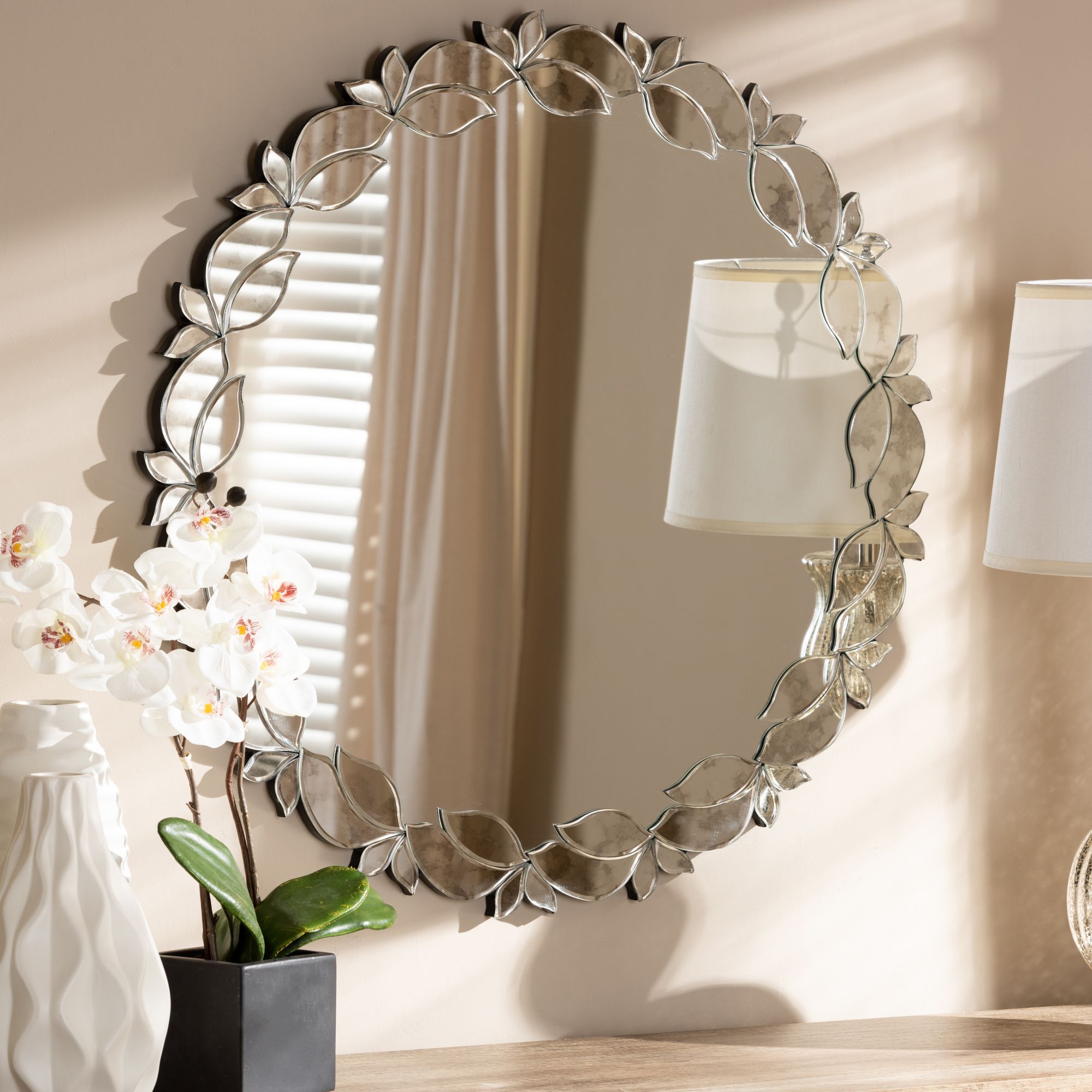 Baxton Studio Luiza Modern And Contemporary Silver Finished Round Petal Inside Round Modern Wall Mirrors (View 6 of 15)