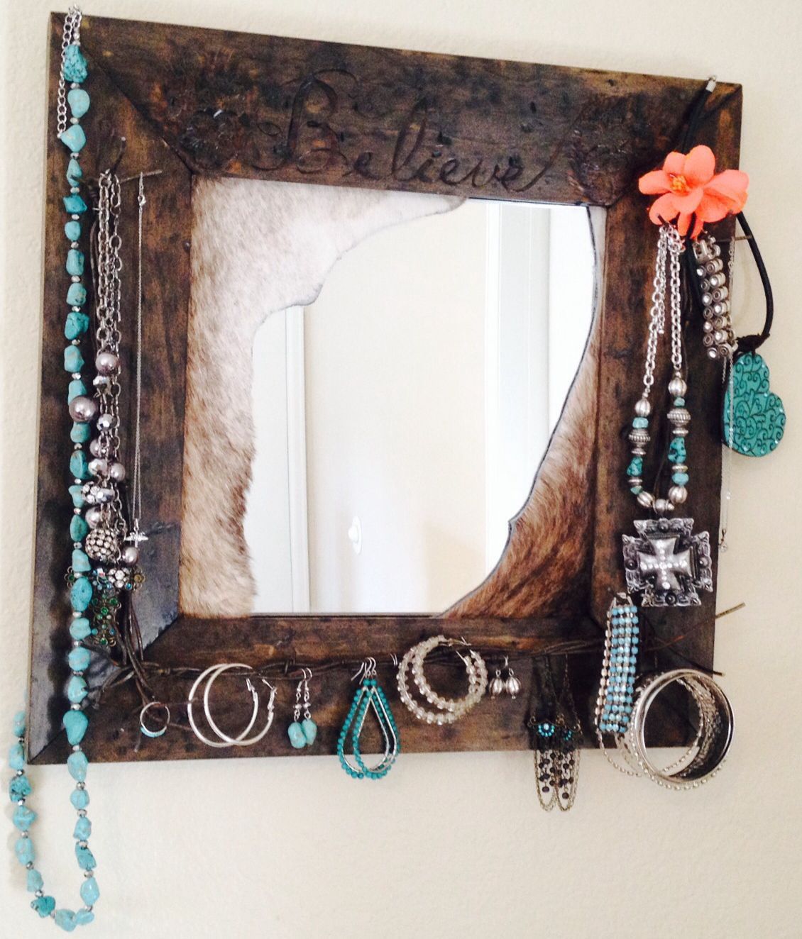 Beautiful "believe" Mirror With Jewelry Hanging On It | Jewelry Mirror Throughout Western Wall Mirrors (View 2 of 15)