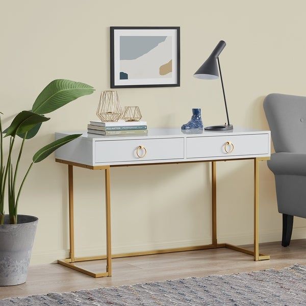 Belleze 2 Drawer Computer Desk Table, Wood & Metal, White & Gold For Glass White Wood And Walnut Metal Office Desks (View 5 of 15)