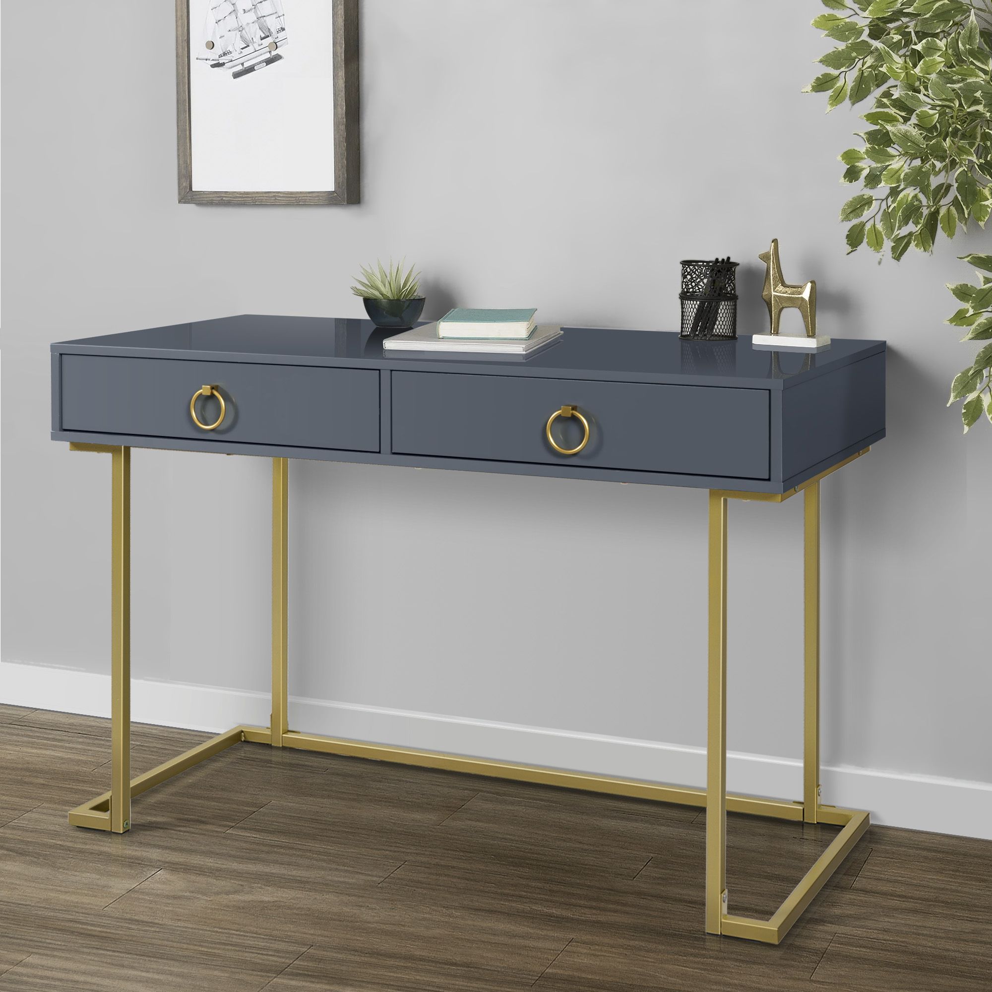 Belleze Home Office Two Drawers Computer Desk Vanity Table, Wood And For Black Wood And Metal Office Desks (Photo 8 of 15)