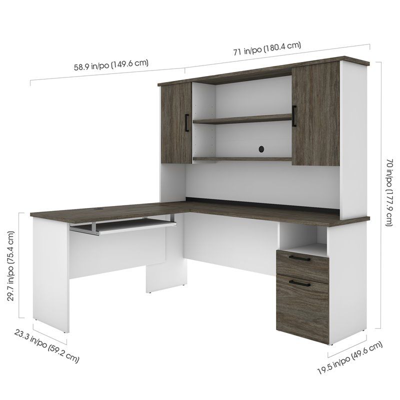 Bestar Norma L Shaped Computer Desk With Hutch In Walnut Gray And White Within White And Walnut 6 Shelf Computer Desks (View 2 of 15)