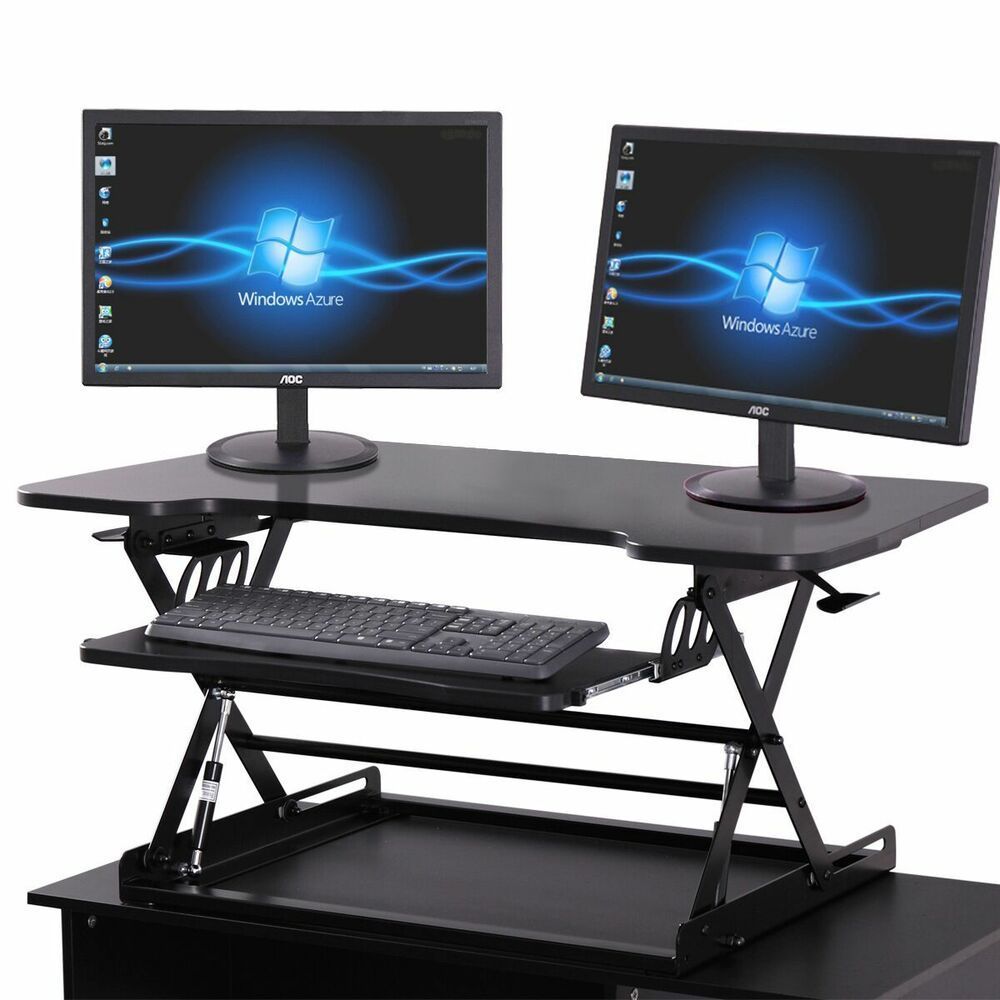 Black Adjustable Height Stand Up Desk Computer Workstation Lift Rising In Cherry Adjustable Stand Up Desks (View 3 of 15)