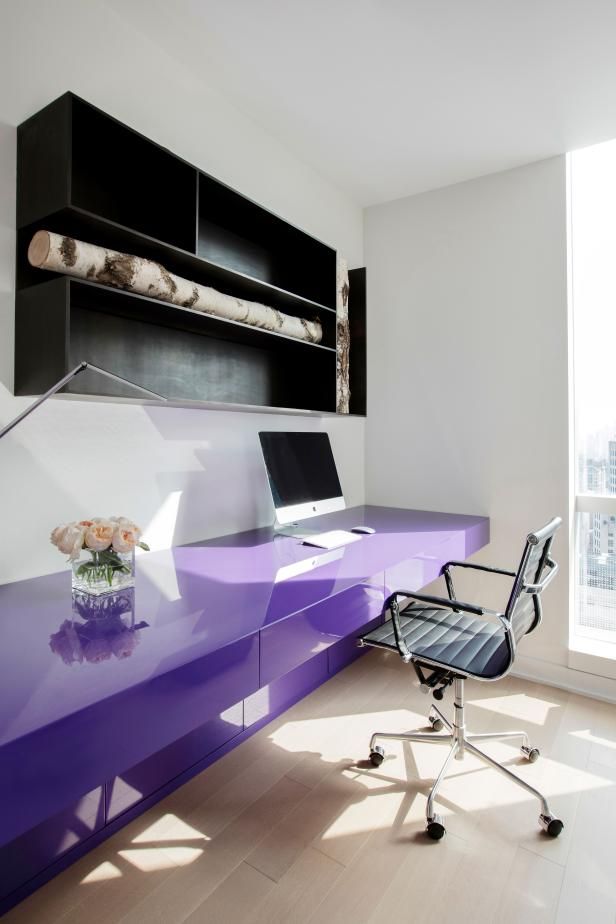 Black And White Home Office Shines With Purple Desk | Hgtv With White And Black Office Desks (View 10 of 15)
