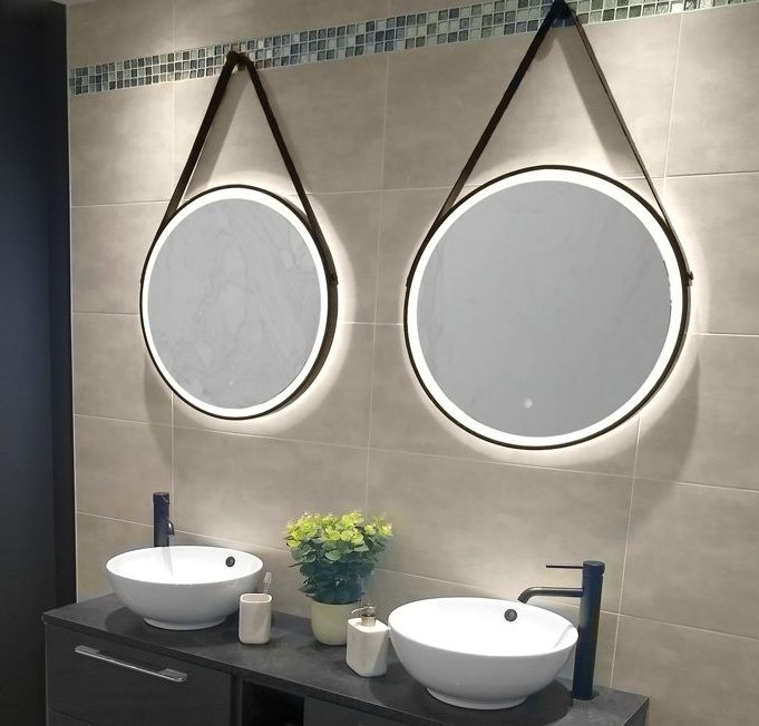 Black Framed Strap Hanging Led Round Mirror 60cm | Free Delivery Pertaining To Brown Leather Round Wall Mirrors (Photo 6 of 15)