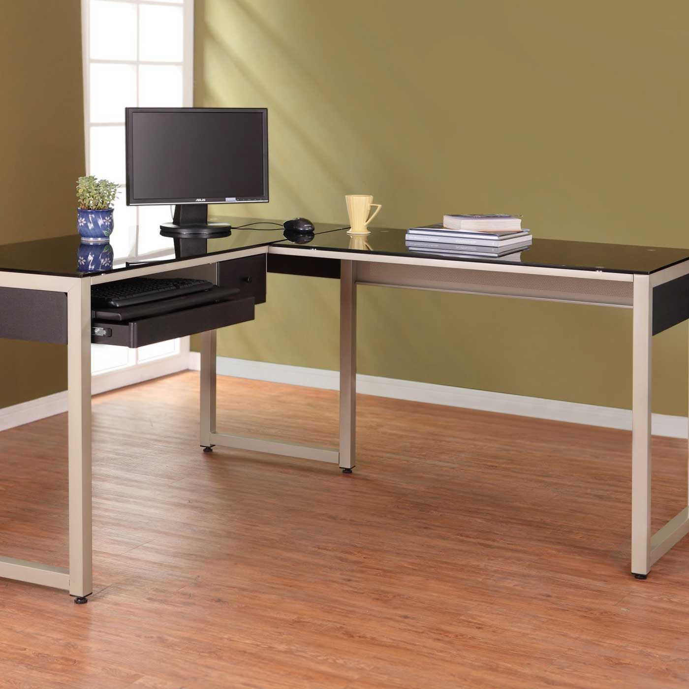 Black Glass Computer Desk For Home Office Pertaining To Black Glass And Dark Gray Wood Office Desks (Photo 2 of 15)