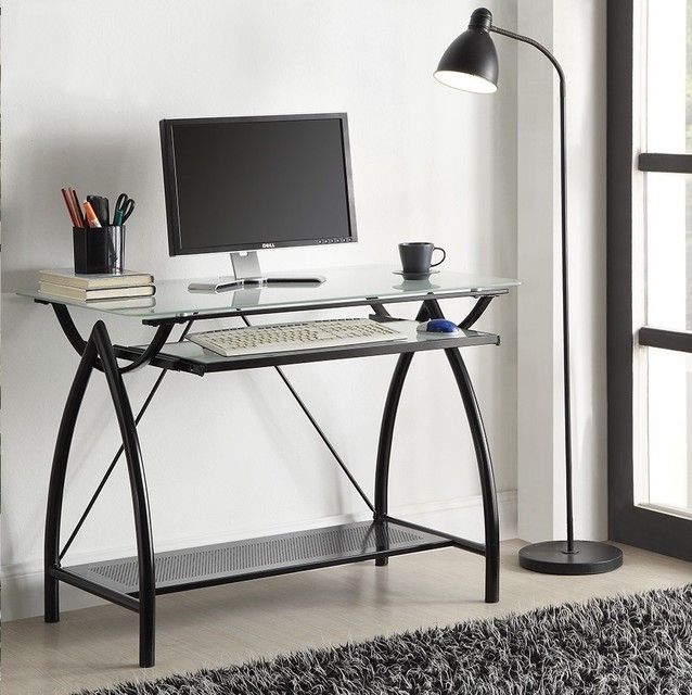 Black Metal Glass Top Desk With Keyboard Tray – Contemporary – Desks Inside Modern Black Steel Desks (View 14 of 15)