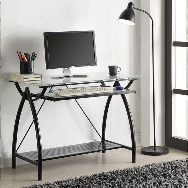 Black Metal Glass Top Desk With Keyboard Tray – Free Shipping Today With Metal And Glass Work Station Desks (View 14 of 15)