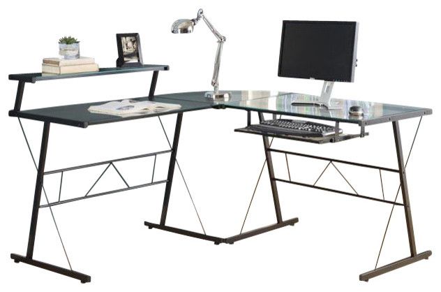 Black Metal L Shaped Computer Desk With Tempered Glass – Contemporary With Regard To Glass White Wood And Black Metal Office Desks (View 12 of 15)
