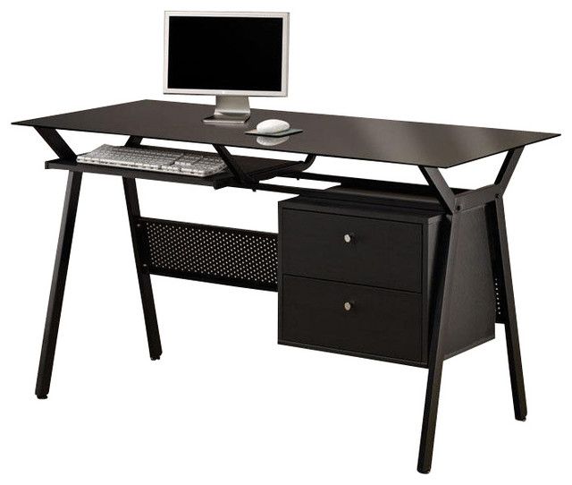 Black Simple Metal Glass 2 Storage Drawers Pullout Keyboard Shelf Regarding Glass And Chrome Modern Computer Office Desks (View 7 of 15)