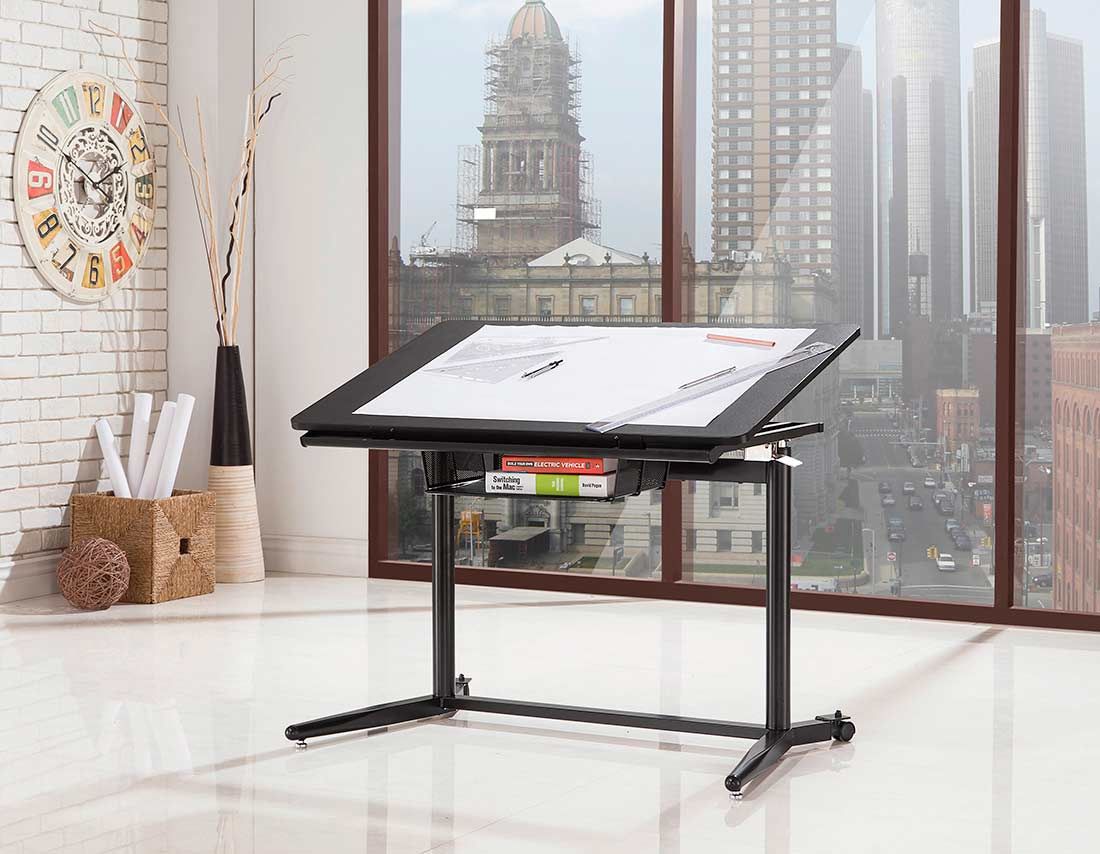 Black Wood Metal Adjustable Drafting Desk Co668 | Executive Within Modern Black Steel Desks (View 7 of 15)
