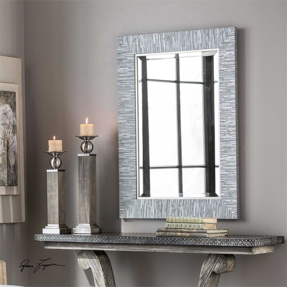 Blue Gray Silver Striped Wood Wall Mirror Rectangular Coastal Beach Pertaining To Dedrick Decorative Framed Modern And Contemporary Wall Mirrors (View 7 of 15)