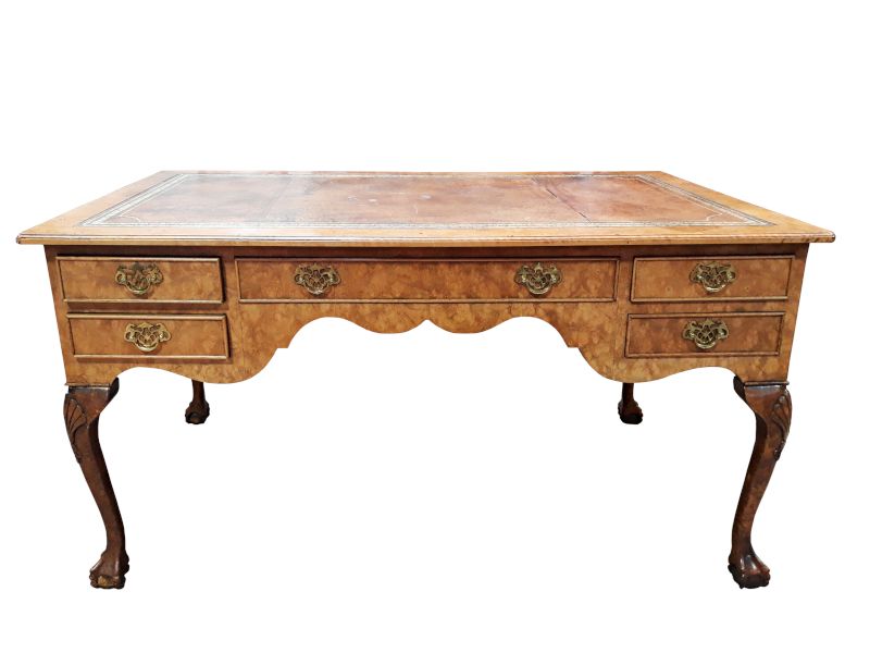 Burled Walnut & Leather Top Writing Desk – Stefek's Auctions And Estate Throughout Walnut And Black Writing Desks (View 11 of 15)