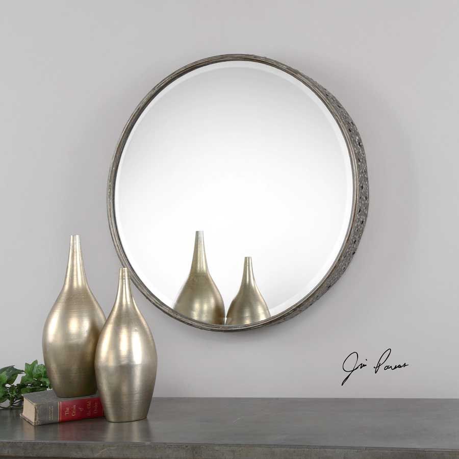 Burnished Gray Wash Round Beveled Metal Mirror Throughout Steel Gray Wall Mirrors (Photo 6 of 15)