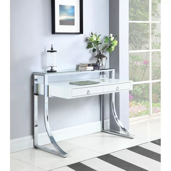 Bushman 2 Drawer Glass Writing Desk | White Writing Desk, Glossy White Within Aged White Finish Wood Writing Desks (View 15 of 15)