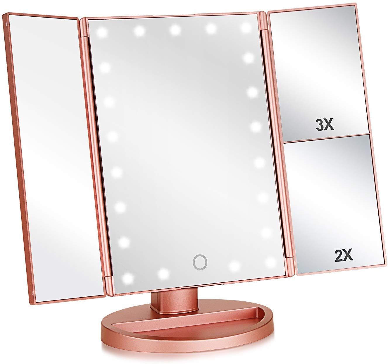 Buy Elysian Rose Gold Trifold Makeup Mirror  24 Led Lighted With Inside Gold Led Wall Mirrors (View 15 of 15)