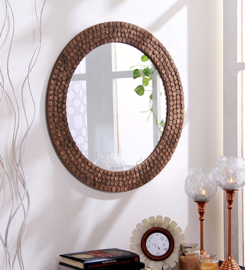 Buy Engineered Wood Round Wall Mirror In Brown Colourhosley Online Intended For Medium Brown Wood Wall Mirrors (Photo 11 of 15)