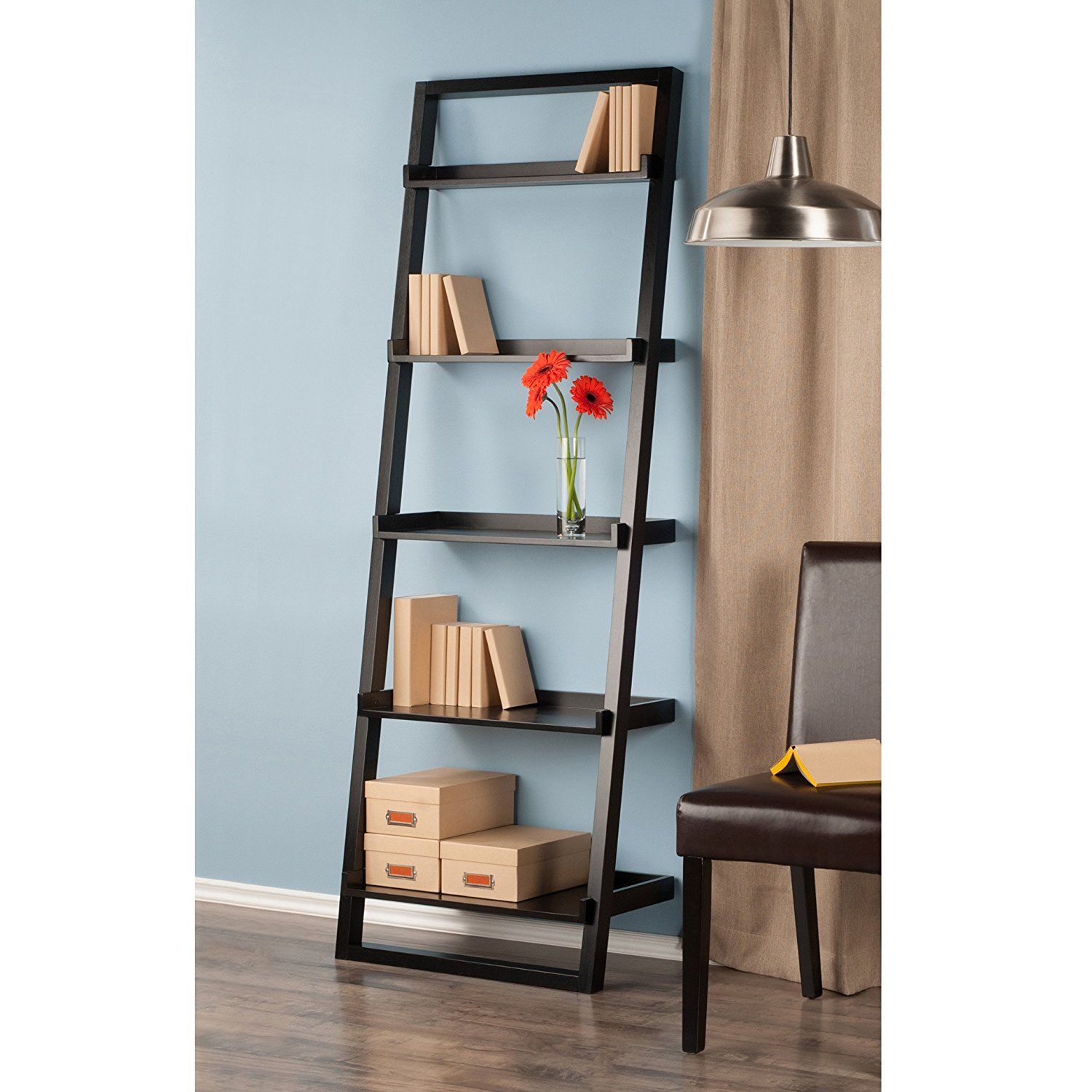Buy Home Wall Ladder Shelf Bookcase, Black 5 Shelf Solid Beech Wood And With 2 Shelf Black Ladder Desks (View 2 of 15)