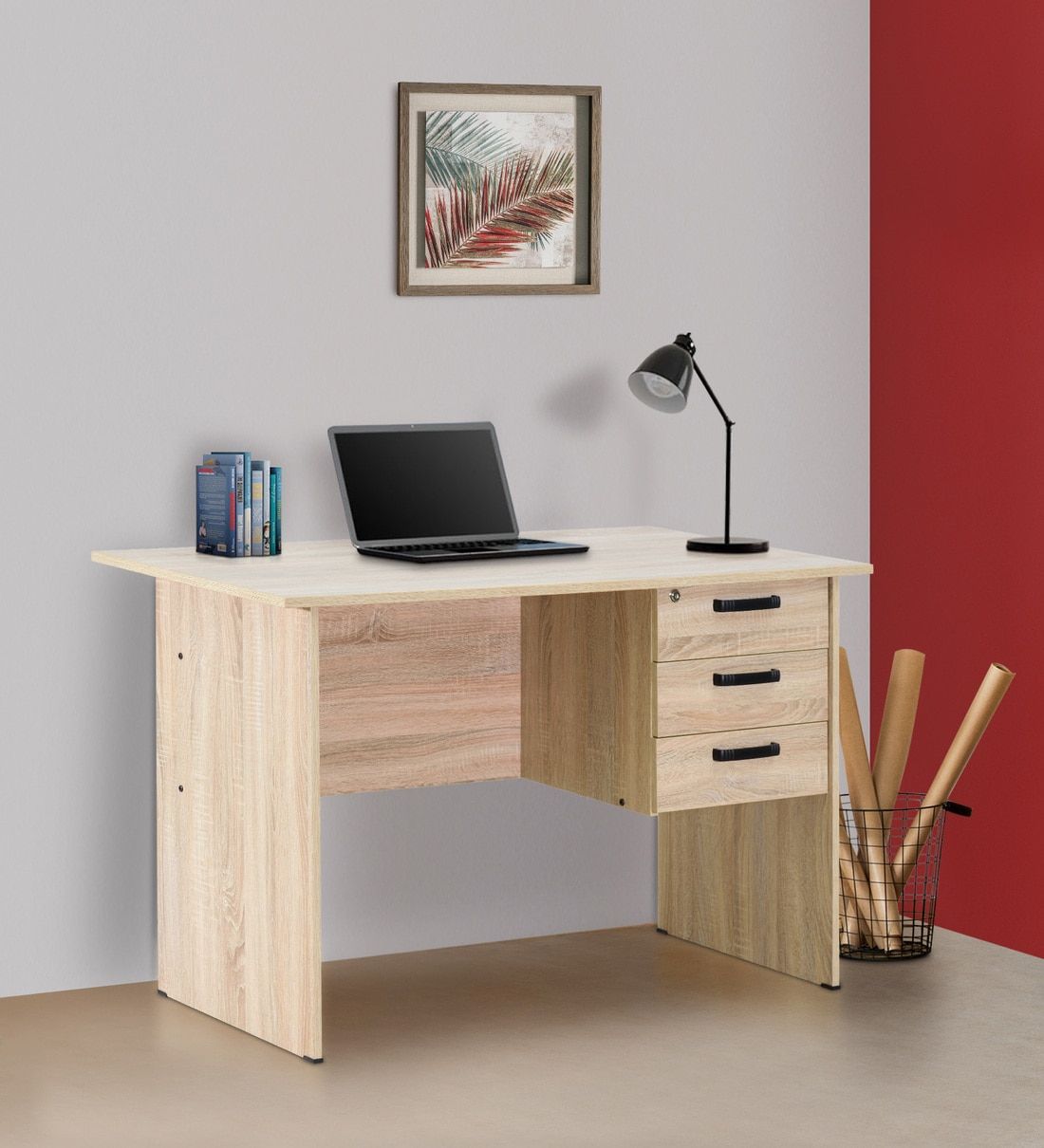 Buy Kuro Small Study Table With 3 Drawers In Sonoma Oak Finish With Regard To Sonoma Oak Writing Desks (View 9 of 15)