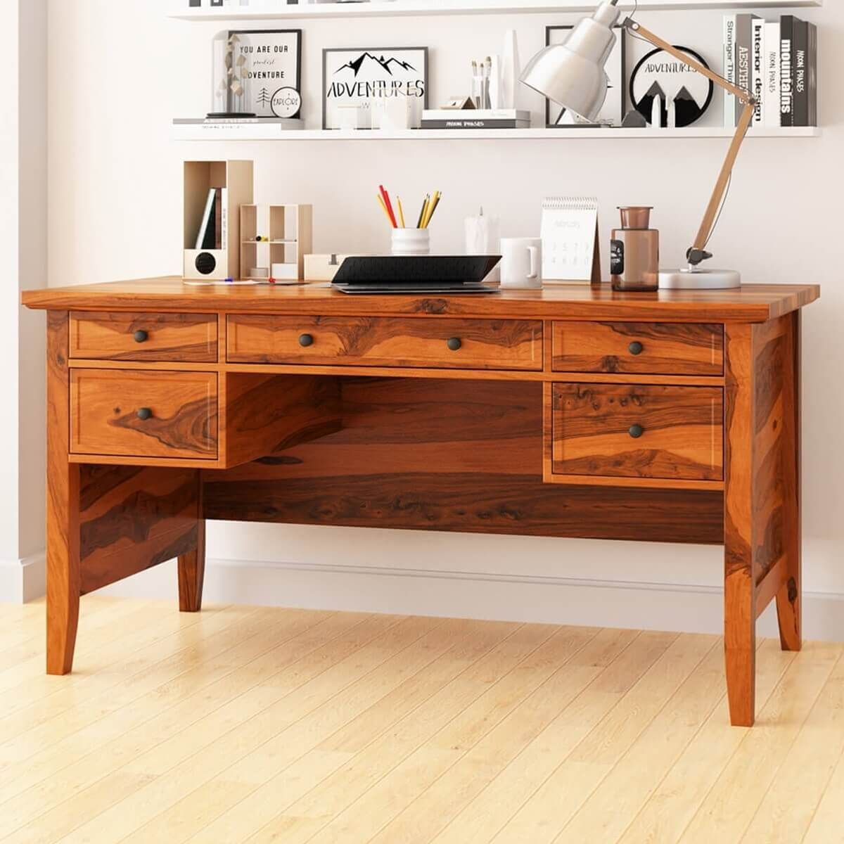Calypso Rustic Solid Wood 60" Large Writing Desk With 5 Drawers For Rustic Acacia Wooden Writing Desks (View 14 of 15)