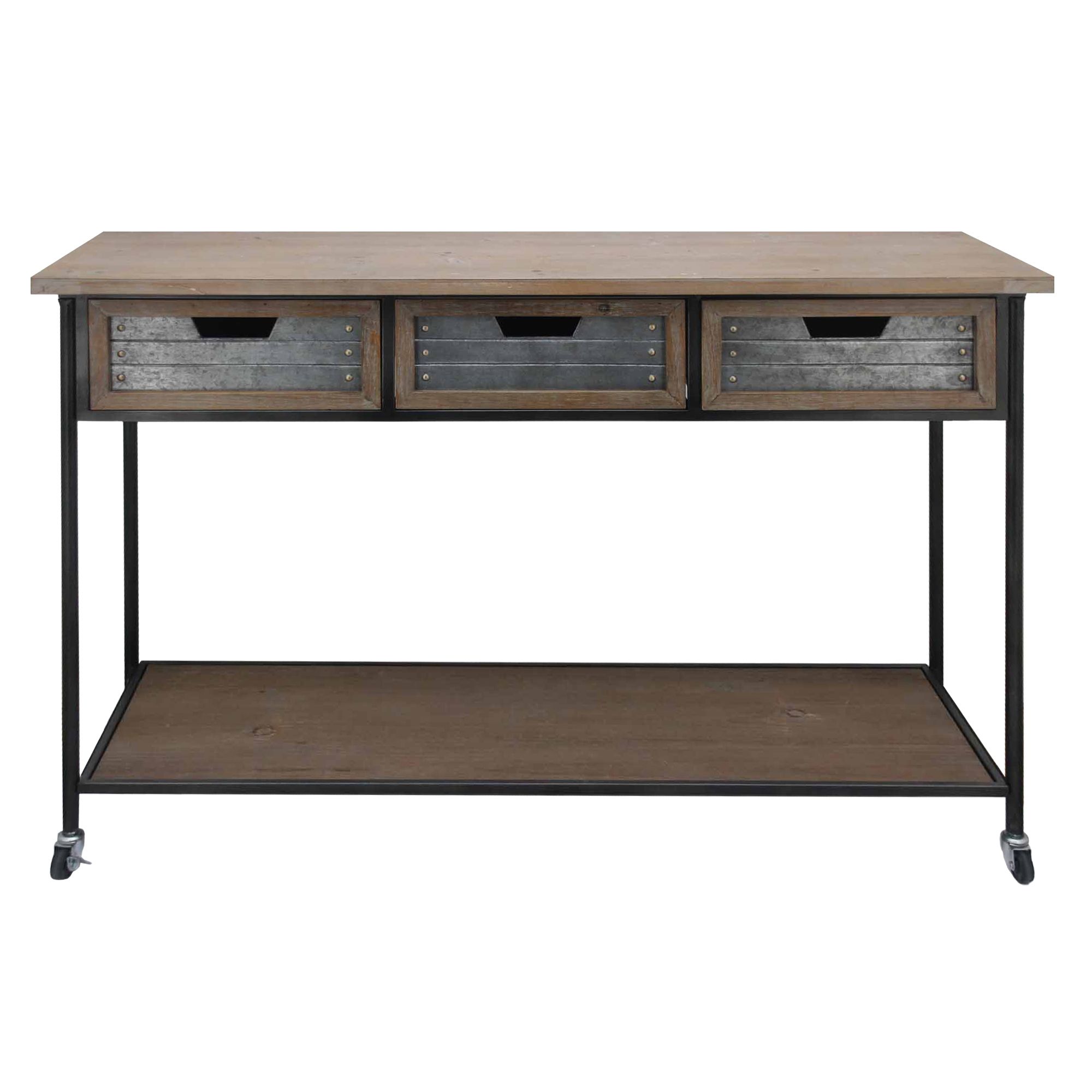 Caster Supported 3 Drawer Wood And Metal Console Table, Brown And Black Intended For Brown And Matte Black 3 Drawer Desks (View 15 of 15)