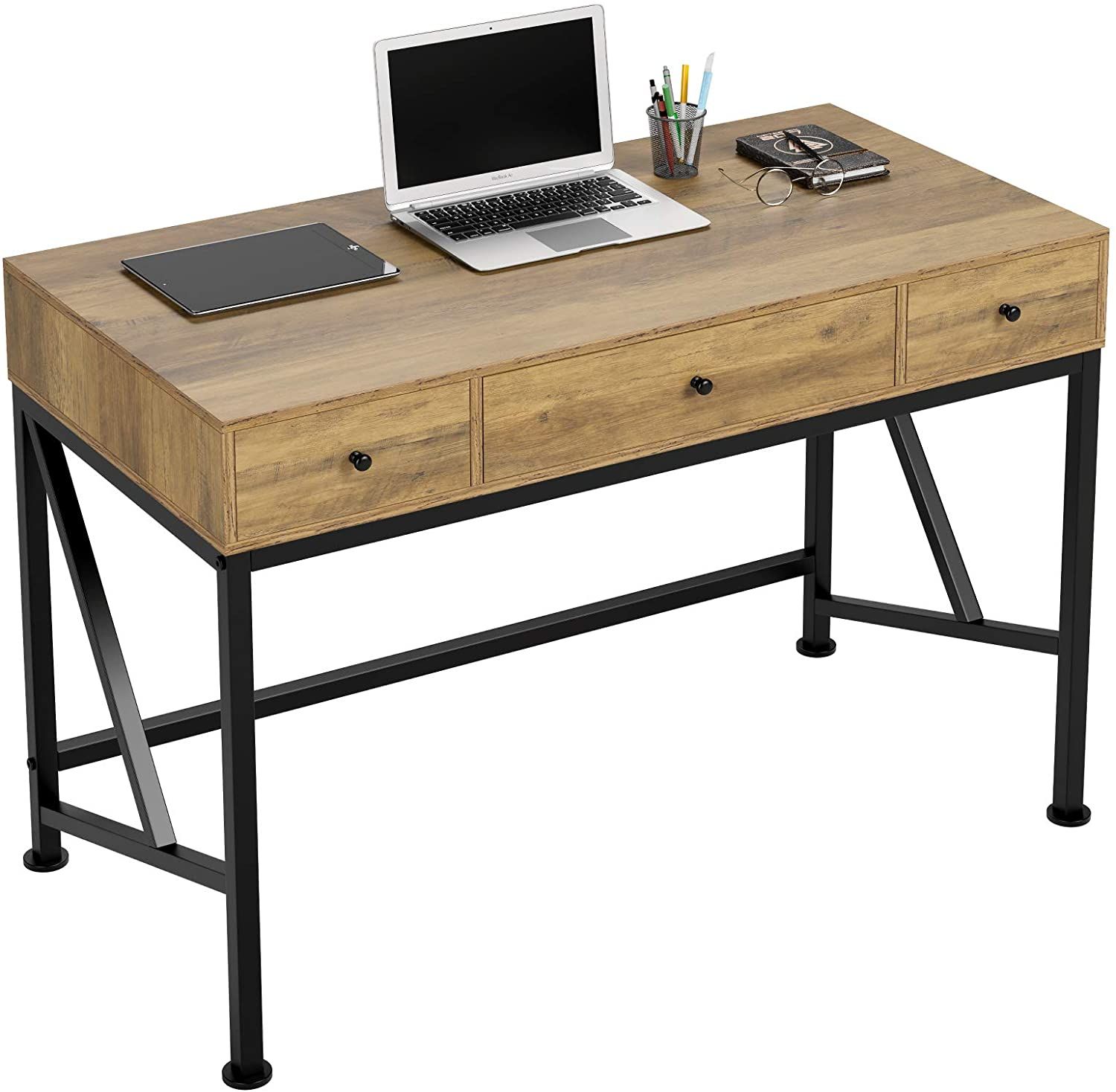 Cinak Computer Desk With Drawers, 42" Home Office Rustic Writing Desk Within Modern Ashwood Office Writing Desks (View 6 of 15)