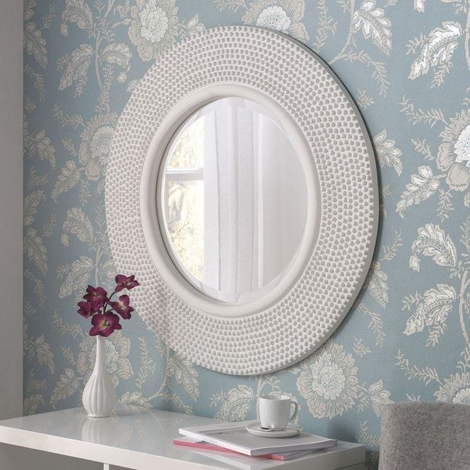 Circular Contemporary White Studded Wall Mirror | Wall Mirrors Regarding Round Scalloped Wall Mirrors (Photo 3 of 15)