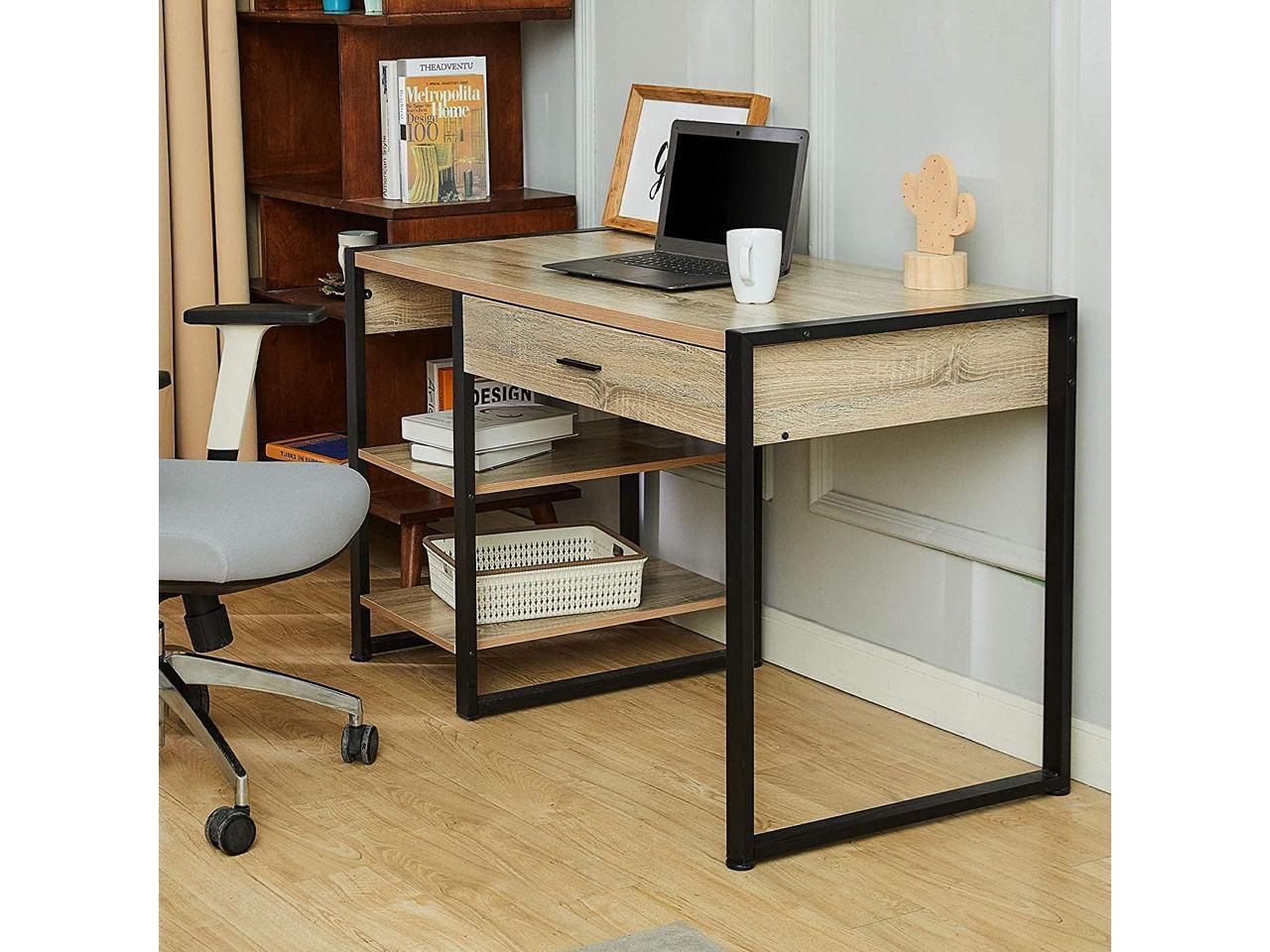 Co Z 47" Industrial Computer Desk W Drawer, 3 Prong Outlet, 2 Usb Ports For Acacia Wood Writing Desks With Usb Ports (View 11 of 15)