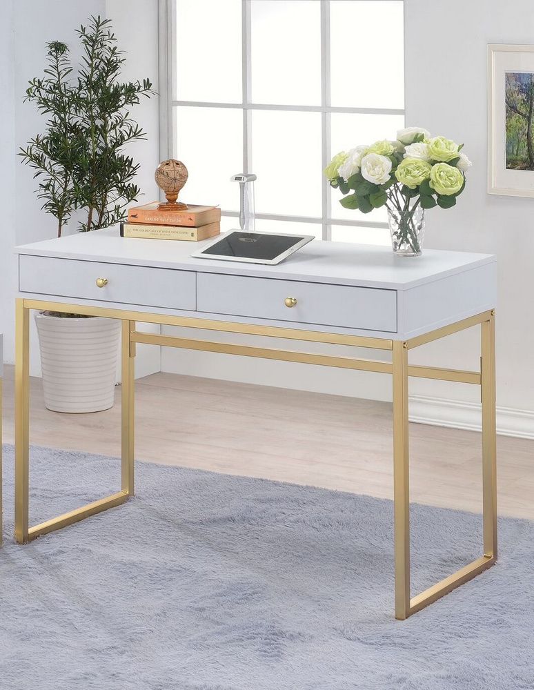 Coleen White/brass Wood/metal Desk With 2 Drawersacme In White And Cement Writing Desks (View 13 of 15)