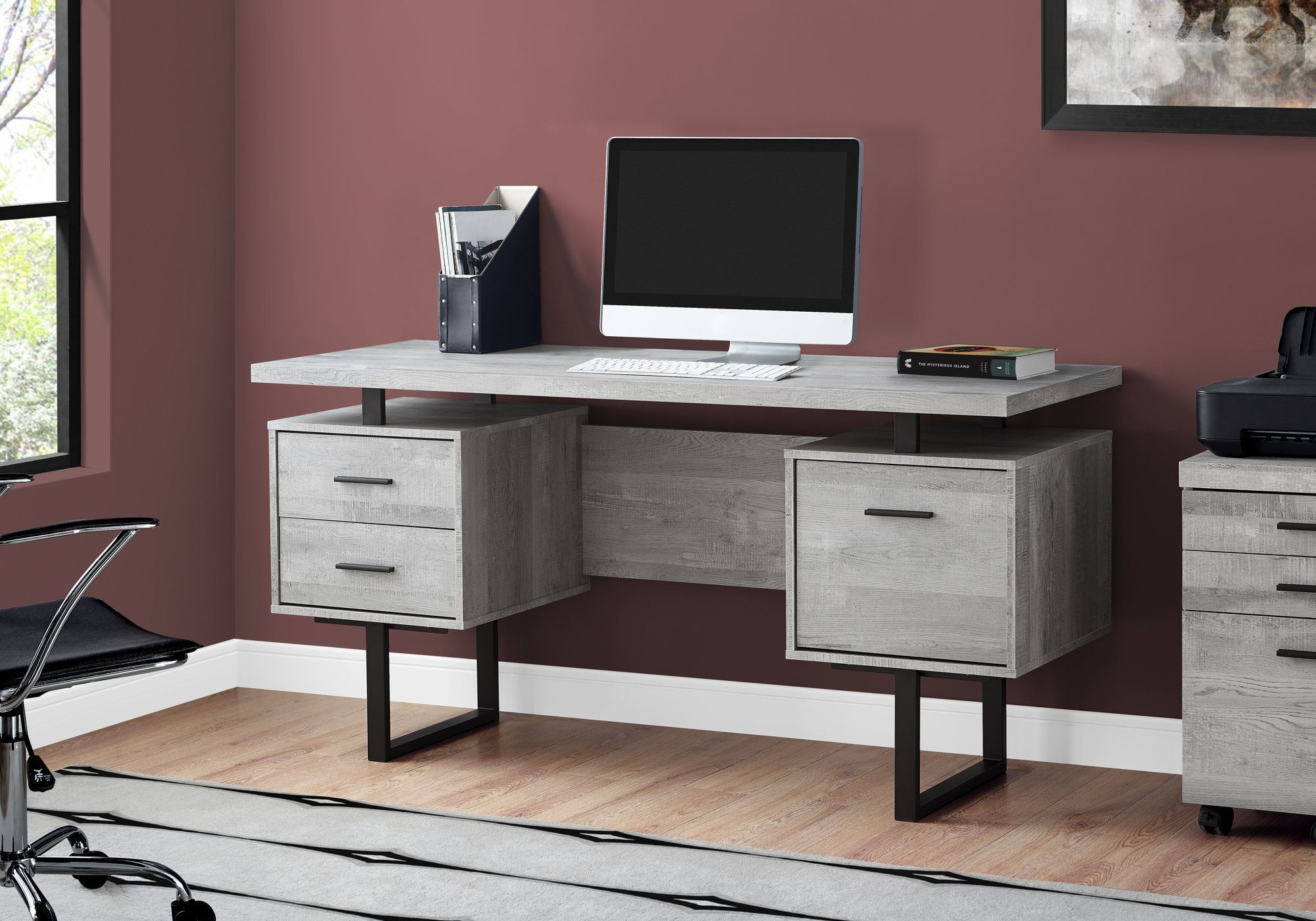 Computer Desk – 60"l / Grey Wood Grain / Black Metal – Monarch In Black Glass And Dark Gray Wood Office Desks (Photo 4 of 15)