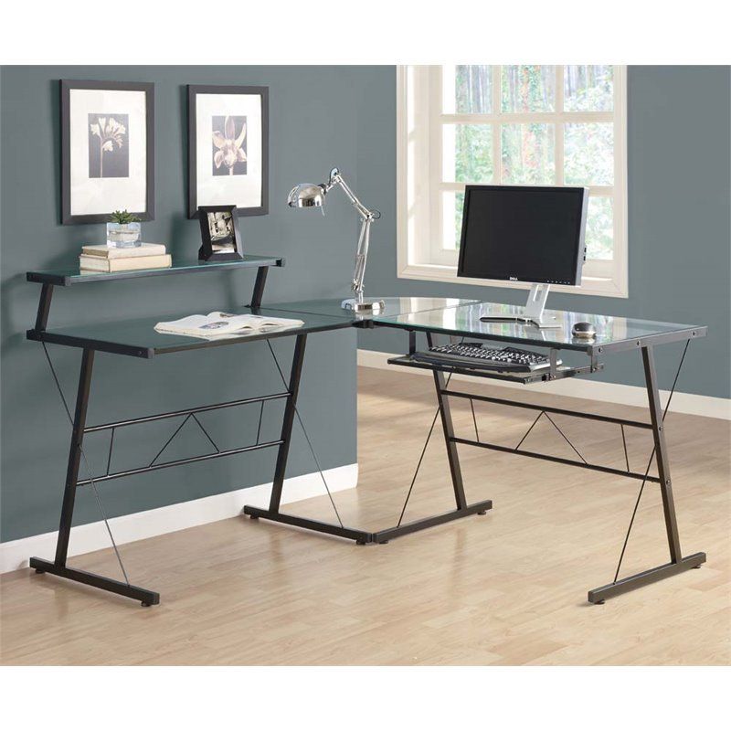 Computer Desk – Black Metal Corner With Tempered Glass – Walmart Inside Glass Walnut Wood And Black Metal Office Desks (Photo 7 of 15)