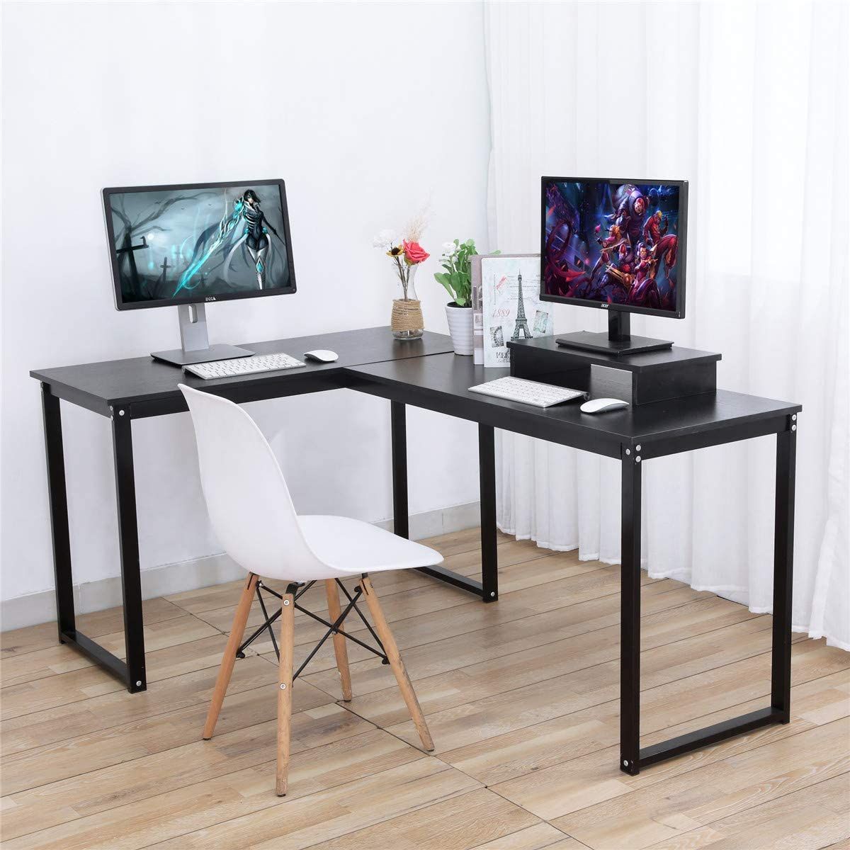 Computer Desk, Lasuavy L Shaped Large Corner Pc Laptop Study Table For Black Metal Gaming Desks (Photo 14 of 15)