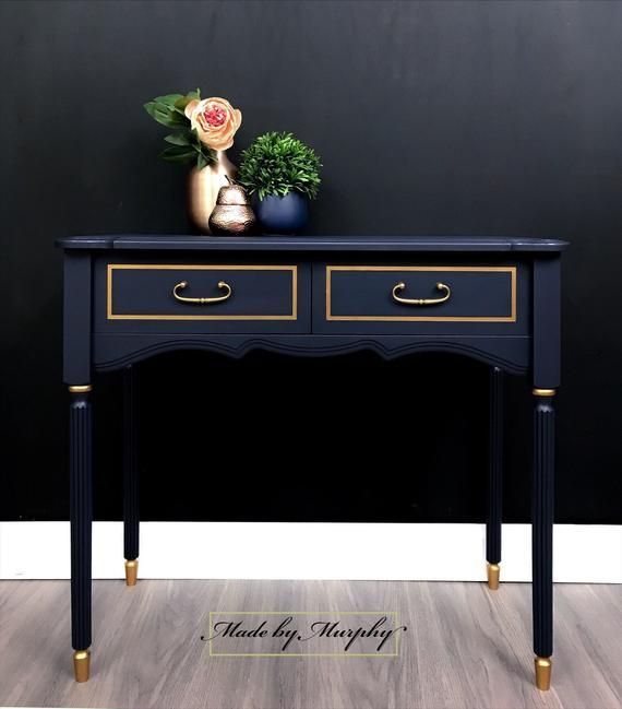 Console Table In Navy With Coppered Gold Trim And 2 Drawers (View 10 of 15)