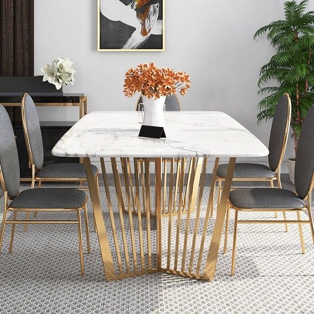 Contemporary 63" Rectangular Faux Marble Dining Table Gold Base In Glass And Gold Rectangular Desks (View 5 of 15)