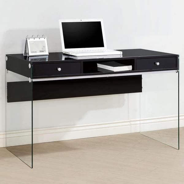 Contemporary Modern Style Glass Home Office Glossy Black Computer For Black And Silver Modern Office Desks (View 5 of 15)