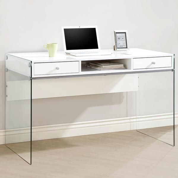 Contemporary Modern Style Glass Home Office Glossy White Computer Within White Finish Glass Top Desks (View 6 of 15)