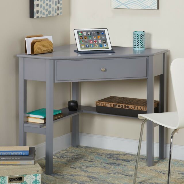 Corner Computer Writing Desk Small Wood Soft Gray With Drawers Shelves With Regard To Smoke Gray Computer Writing Desks (Photo 4 of 15)