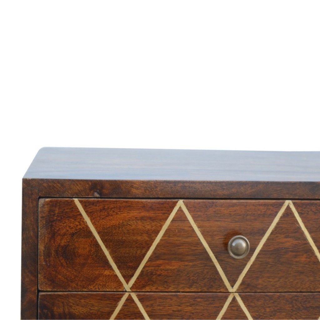 Criss Cross Chestnut Finish Bedside Table With 2 Drawers And Brass Inlay Throughout Wood And Dark Bronze Criss Cross Desks (View 8 of 15)