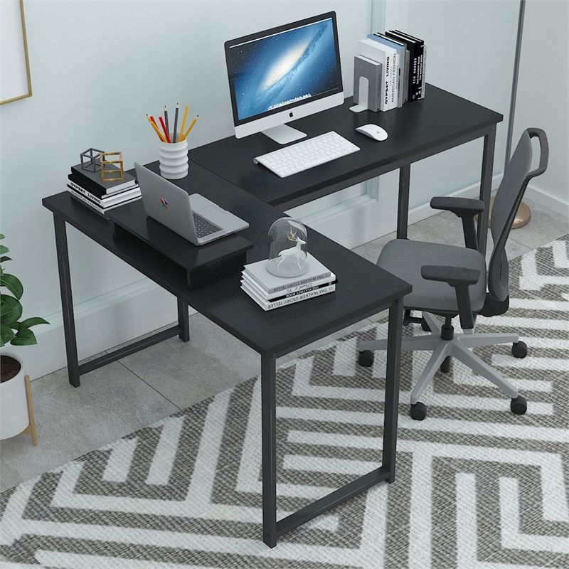 Cro Decor Wood L Shaped Wood Home Office Gaming Desk In Black – Ay20 Regarding Black Glass And Natural Wood Office Desks (View 2 of 15)