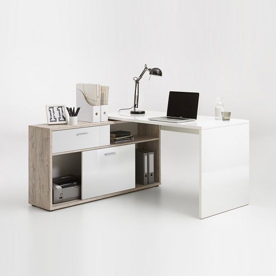 Dalton Corner Computer Desk In Sand Oak And Gloss White – Computer Pertaining To Gloss White Corner Desks (View 8 of 15)