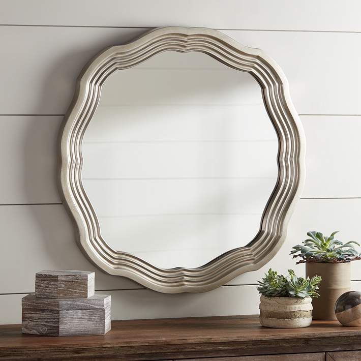 Dara Silver 32 1/2" Scalloped Round Wall Mirror – #1g062 | Lamps Plus With Regard To Gold Scalloped Wall Mirrors (View 3 of 15)