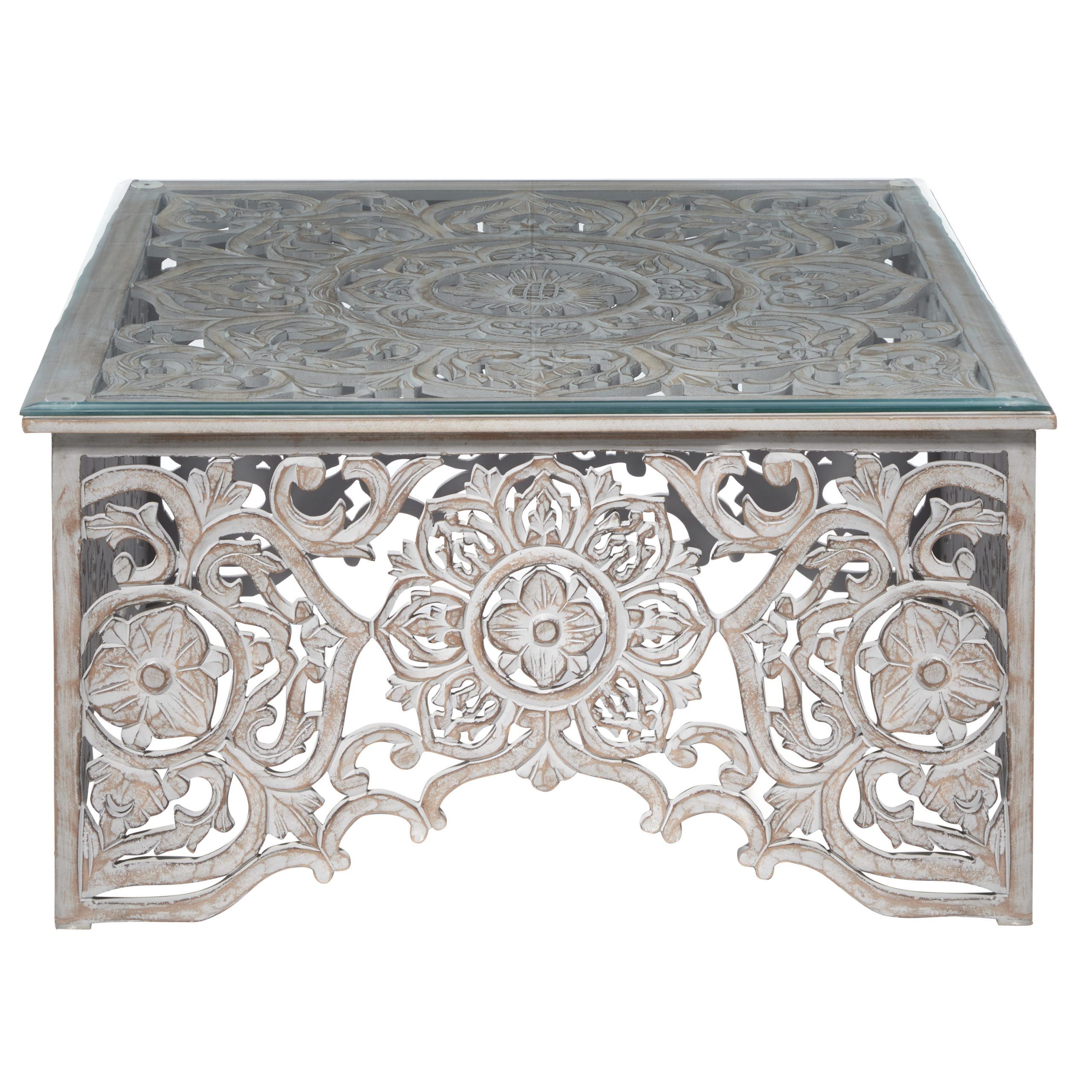 Decmode 22340 Square Distressed White Wood Carved Coffee Table With For Distressed Brown Wood 2 Tier Desks (View 7 of 15)