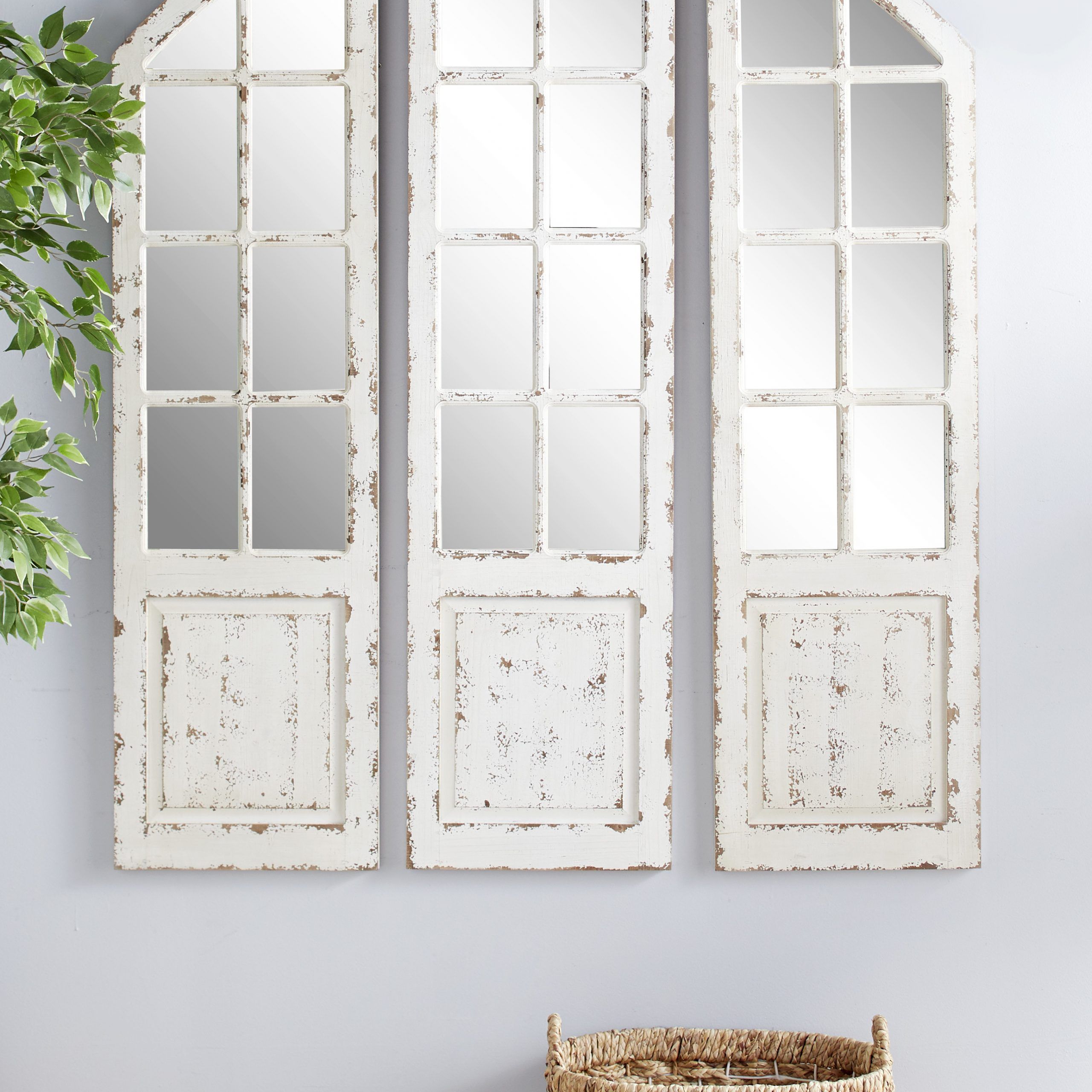 Decmode Large Distressed White Wood 3 Panel Arched Wall Mirror W In Metal Arch Window Wall Mirrors (Photo 1 of 15)