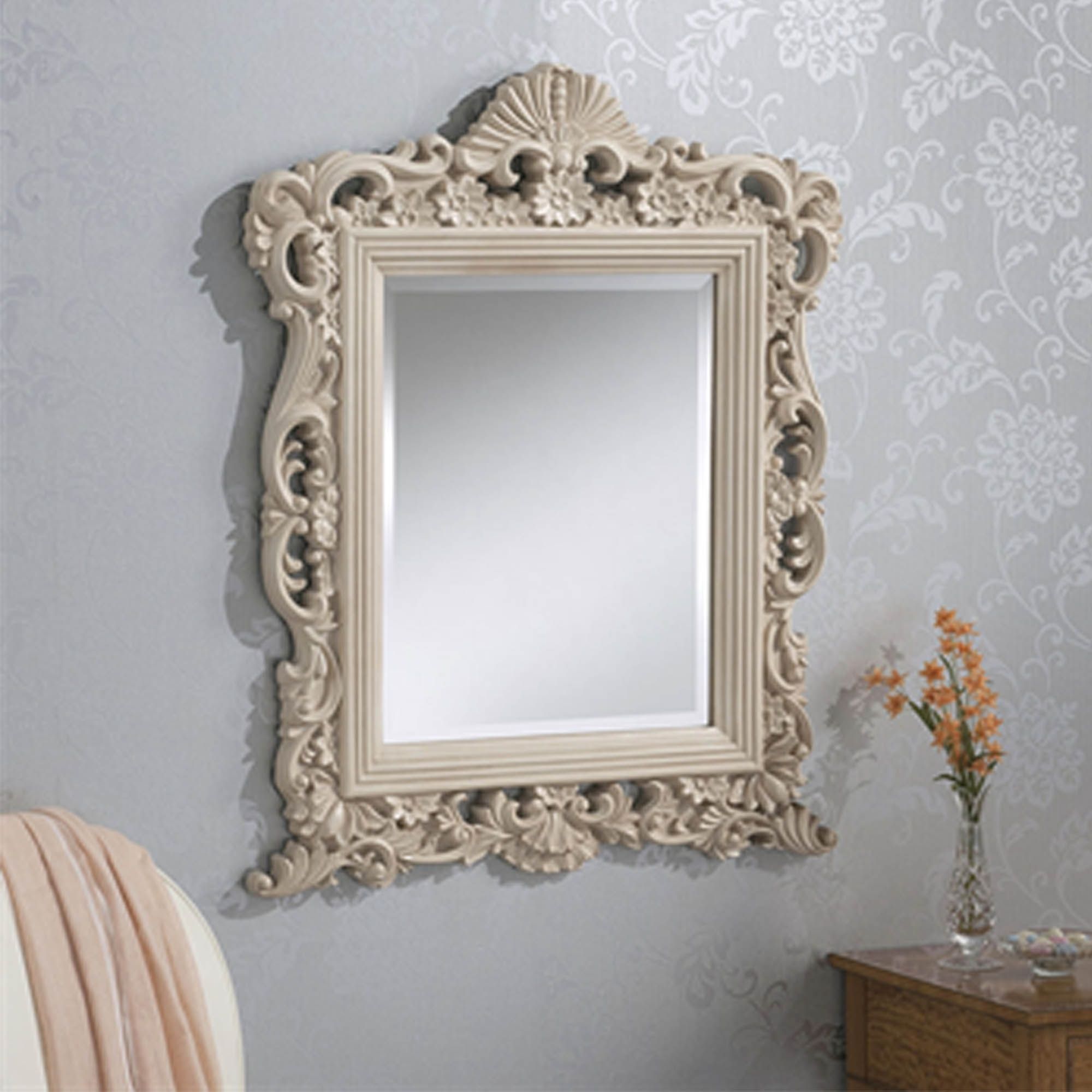 Decorative Antique French Style Ivory Ornate Wall Mirror | Hd365 In Booth Reclaimed Wall Mirrors Accent (View 9 of 15)