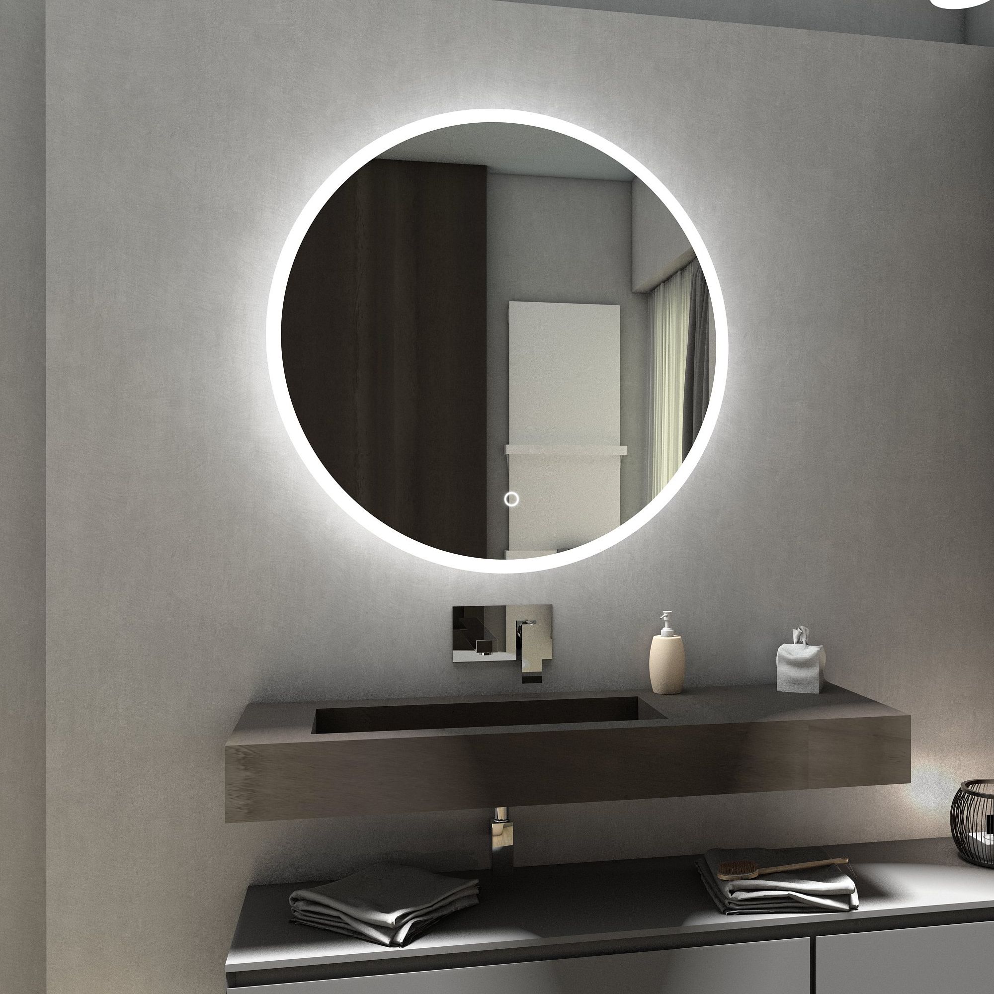 Delhi Round Illuminated Led Bathroom Mirror Wall Mirrors | Switches Regarding Front Lit Led Wall Mirrors (View 7 of 15)