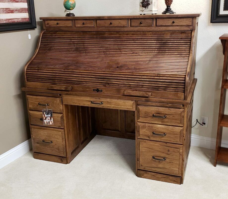 Deluxe Hickory Roll Top Desk | Oak Creek Amish Furniture Pertaining To Hickory Wood 5 Drawer Pedestal Desks (View 3 of 15)