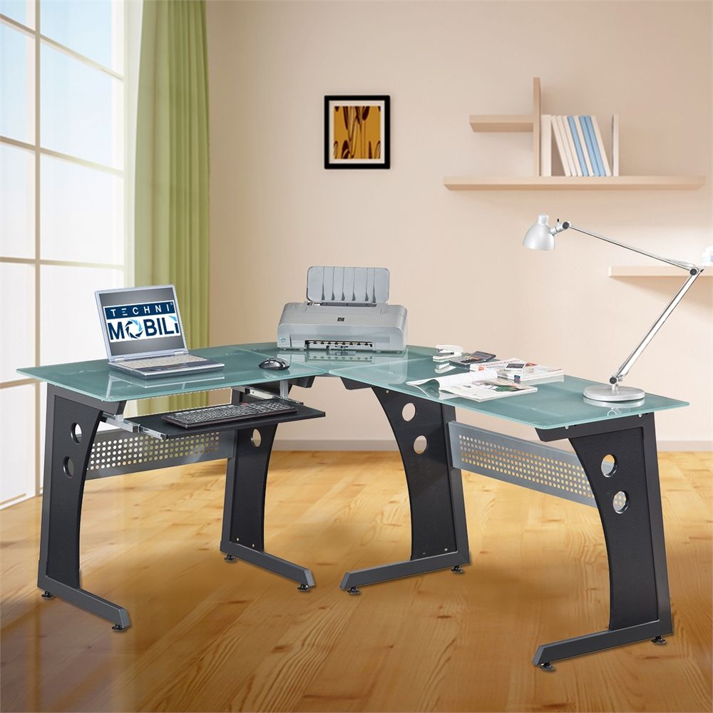 Deluxe L Shaped Tempered Frosted Glass Top Computer Desk With Pull Out For Graphite Convertible Desks With Keyboard Shelf (View 12 of 15)