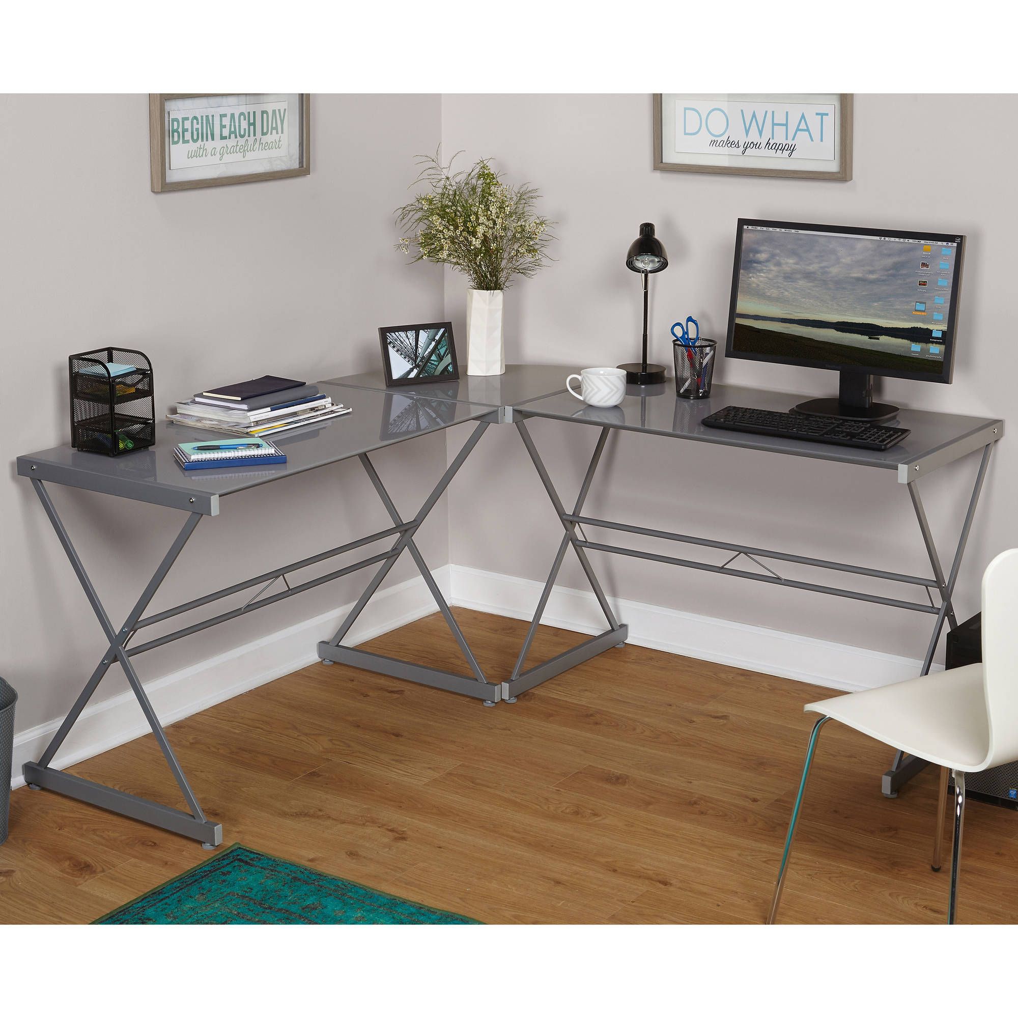 Deluxe Metal And Glass L Shaped Computer Desk, Multiple Colors Throughout Tempered Glass And Gold Metal Office Desks (Photo 2 of 15)