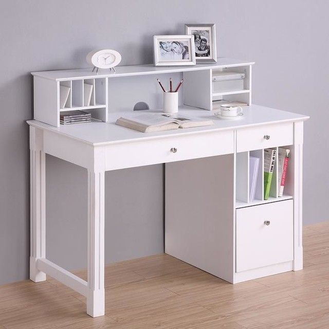 Deluxe White Wood Computer Desk With Hutch – Modern – Desks And Hutches Inside White 1 Drawer Wood Laptop Desks (View 2 of 15)