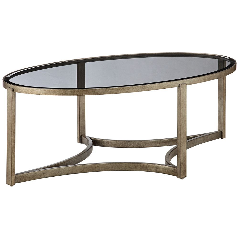 Demilune Smoked Glass Top Antique Pewter Oval Cocktail Table – Style Pertaining To Glass And Pewter Rectangular Desks (View 6 of 15)