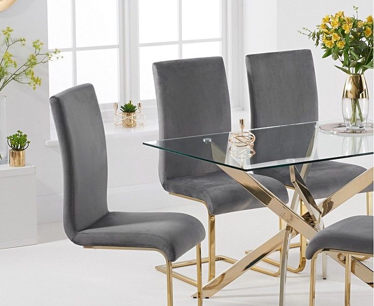 Denver 120cm Rectangular Gold Leg Glass Dining Table With Malaga Velvet Pertaining To Glass And Gold Rectangular Desks (View 14 of 15)